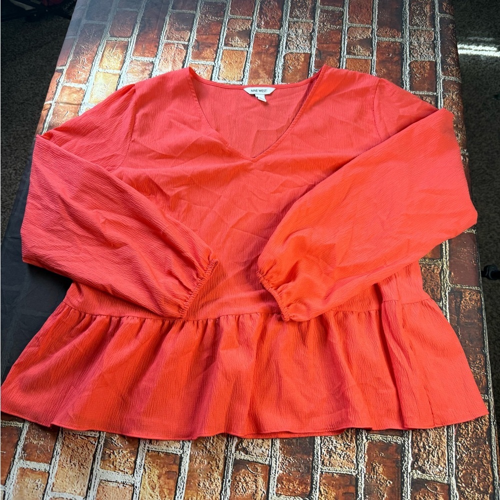 Nine West Vibrant Coral Peplum Blouse